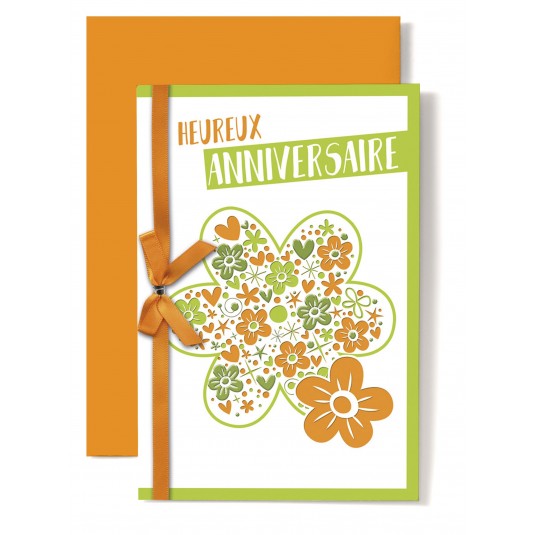 Carte Double Anniversaire Dessin fleur orange et vert