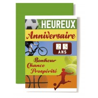 Carte Double Anniversaire V&eacute;lo, balles tennis et basket, footballeur