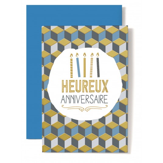 Carte Double Anniversaire Bougies sur fond g&eacute;om&eacute;trique