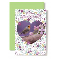 Carte Double Anniversaire Rouge gorge  et fleurs rose sur tronc