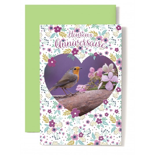 Carte Double Anniversaire Rouge gorge  et fleurs rose sur tronc