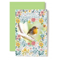 Carte Double Anniversaire Rouge gorge sur tronc, fond vert