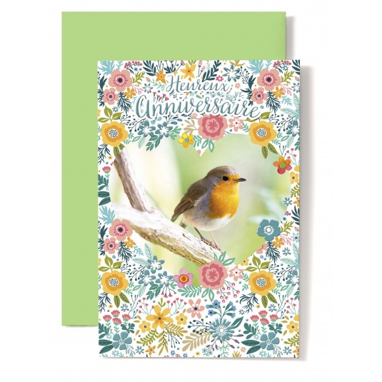 Carte Double Anniversaire Rouge gorge sur tronc, fond vert