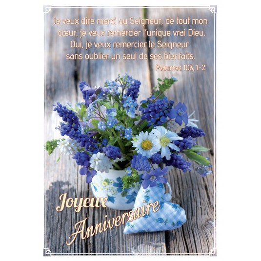 Carte Avec Verset Bouquet de fleusr bleu et coeur tissu