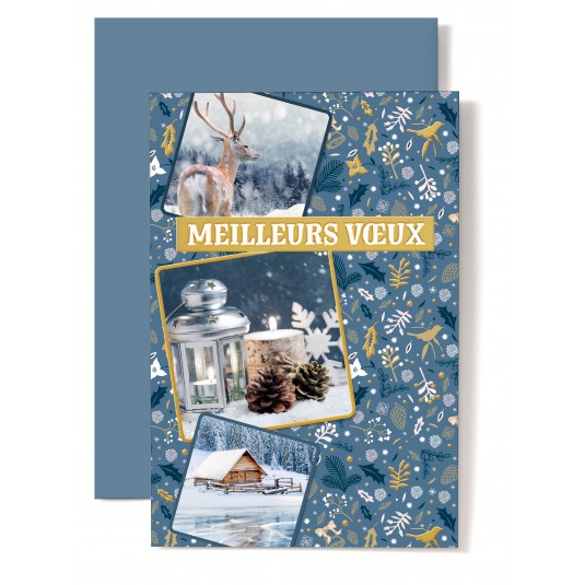 CARTE DOUBLE Meilleurs V&oelig;ux Renne, bougie et lanterne, chalet