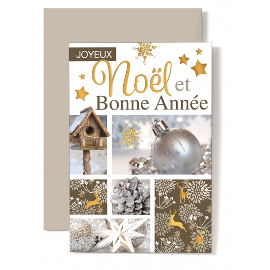 Carte Double Joyeux No&euml;l Et Bonne Ann&eacute;e D&eacute;corations de No&euml;l et nichoir