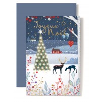 Carte Double Fin D'annee paysage de No&euml;l, sapin, cerfs et plantes