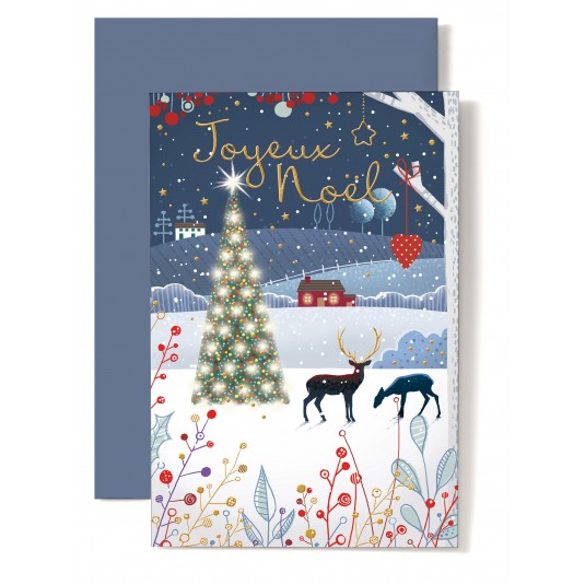 Carte Double Fin D'ann&eacute;e paysage de No&euml;l, sapin, cerfs et plantes