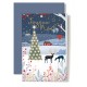 Carte Double Fin D'annee paysage de Noël, sapin, cerfs et plantes