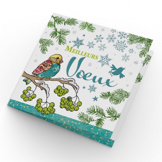 CARTE DOUBLE Meilleurs Vœux Oiseaux sur une branche d'arbre