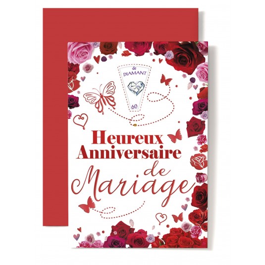 Carte Double Anniversaire De Mariage Roses rouges et papillons