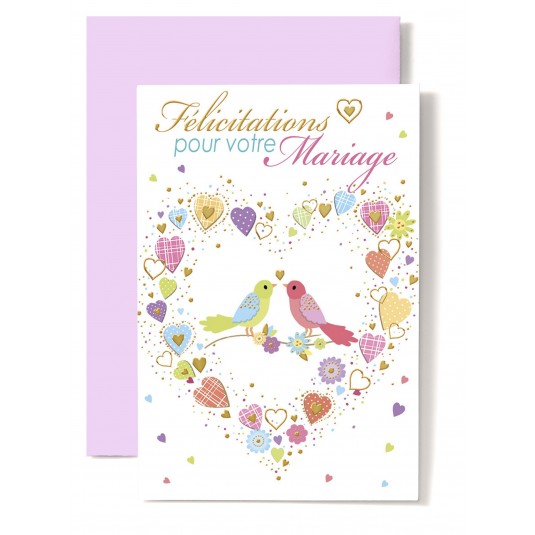 Carte Double Mariage Oiseaux amoureux dans un cur dessin&eacute;