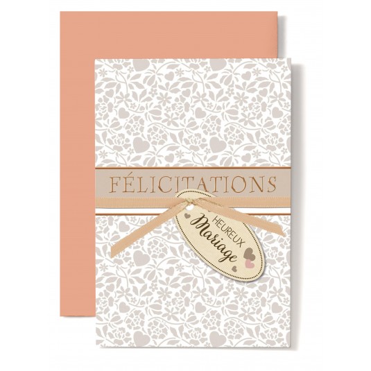 Carte Double Mariage Ruban saumon et &eacute;tiquette