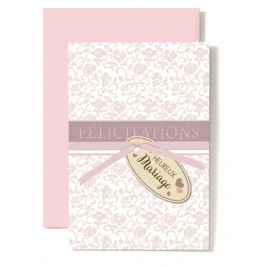 Carte Double Mariage Ruban rose et &eacute;tiquette