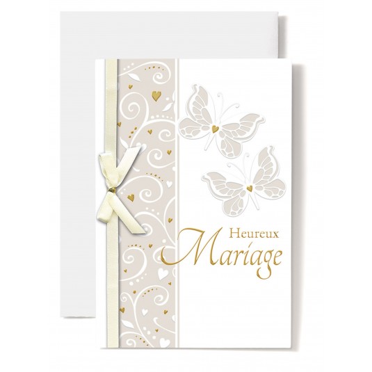Carte Double Mariage Papillons et ruban blanc