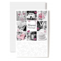 Carte Double Mariage Composition photos : voiture, c&oelig;ur rose, g&acirc;teau...