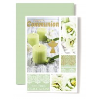 Carte Double Communion Bougies vertes, coupe, fleurs vertes