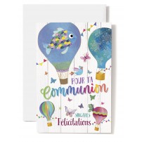 Carte Double Communion Mongolfi&egrave;res dessin&eacute;es, poisson, papillons