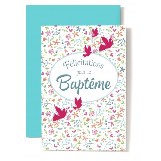 Carte Double Bapt&ecirc;me Colombe rouges et fleurs dessin&eacute;es