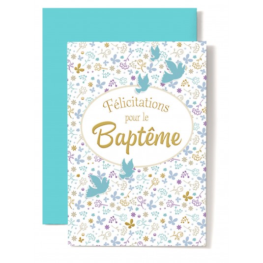 Carte Double Baptême Colombe bleues et fleurs dessinées