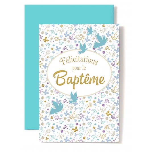 Carte Double Bapt&ecirc;me Colombe bleues et fleurs dessin&eacute;es
