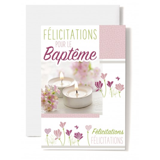 Carte Double Baptême Bougies, fleurs roses et fleurs dessinées