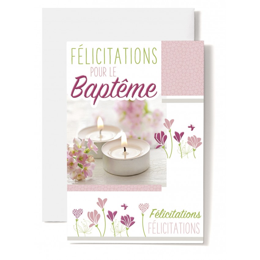 Carte Double Bapteme Bougies Fleurs Roses Et Fleurs Dessinees