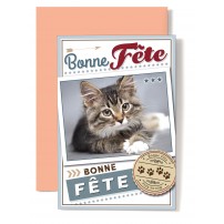 Carte Double "Bonne Fête" Chat tigré couché sur le sol