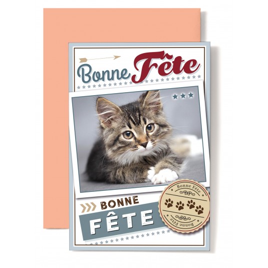 Carte Double Bonne Fête Chat tigré couché sur le sol