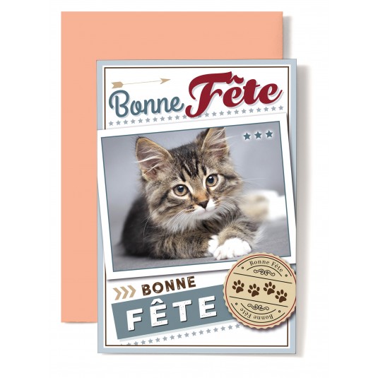 Carte Double Bonne Fête Chat tigré couché sur le sol