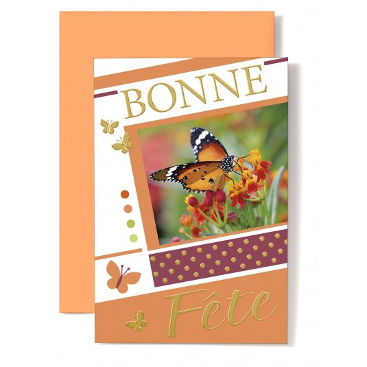 Carte Double Bonne F&ecirc;te Papillon orange sur des fleurs