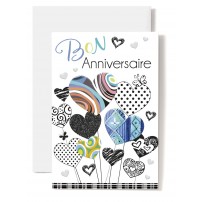 Carte Double Anniversaire C&oelig;urs multicolores dessin&eacute;s, tons bleus