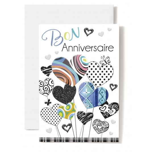 Carte Double Anniversaire Curs multicolores dessin&eacute;s, tons bleus