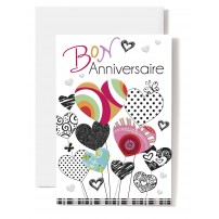 Carte Double Anniversaire Cœurs multicolores dessinés, tons rouges