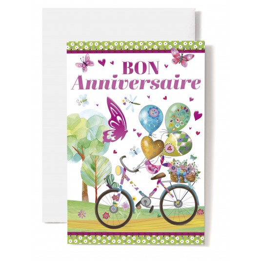 Carte Double Anniversaire Vélo, ballons et fleurs