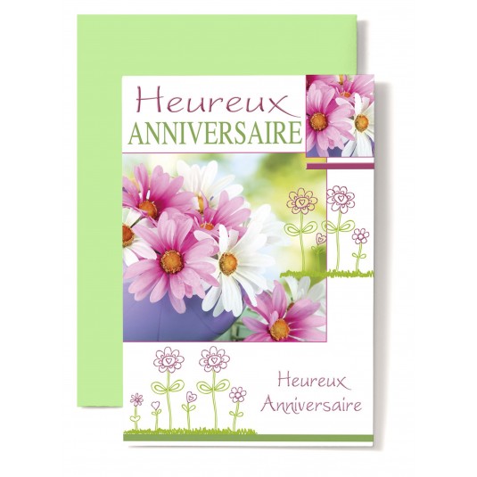 Carte Double Anniversaire Cosmos blanches et roses, fleurs dessin&eacute;es