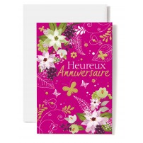 Carte Double Anniversaire Fleurs dessin&eacute;es sur fond rose