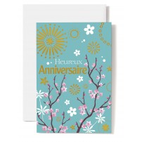 Carte Double Anniversaire Branches d'arbre fleuries dessin&eacute;es sur fond vert
