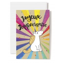 Carte Double Anniversaire Licorne dessinée, explosion multicolore