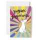 Carte Double Anniversaire Licorne dessinée, explosion multicolore