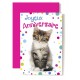 Carte Double Anniversaire Chat tigré et cotillons multicolores