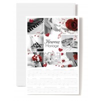Carte Double Mariage Composition photos : piano, rose rouge, alliances...