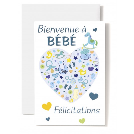 Carte Double Naissance Cur compos&eacute; d'accessoires b&eacute;b&eacute; fond bleu