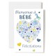 Carte Double Naissance Cœur composé d'accessoires de bébé sur fond bleu