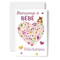 Carte Double Naissance C&oelig;ur compos&eacute; d'accessoires de b&eacute;b&eacute; sur fond rose