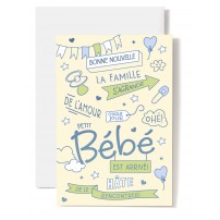 Carte Double Naissance T&eacute;tine, c&oelig;ur, &eacute;pingle &agrave; nourrice sur fond jaune