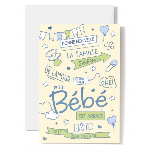 Carte Double Naissance T&eacute;tine, cur, &eacute;pingle &agrave; nourrice sur fond jaune