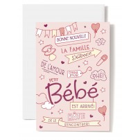 Carte Double Naissance T&eacute;tine, c&oelig;ur, &eacute;pingle &agrave; nourrice sur fond rose