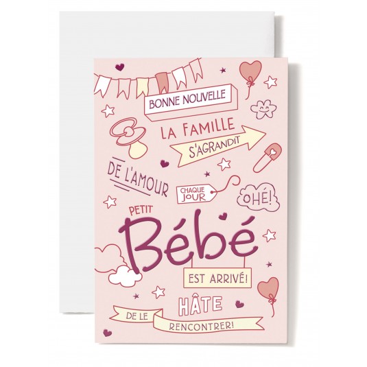 Carte Double Naissance T&eacute;tine, cur, &eacute;pingle &agrave; nourrice sur fond rose