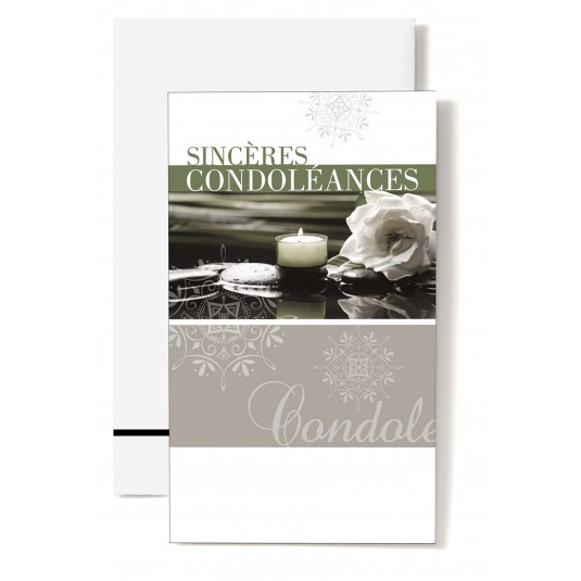 Carte Double Condol&eacute;ances Rose blanche, bougie et galets sur l'eau